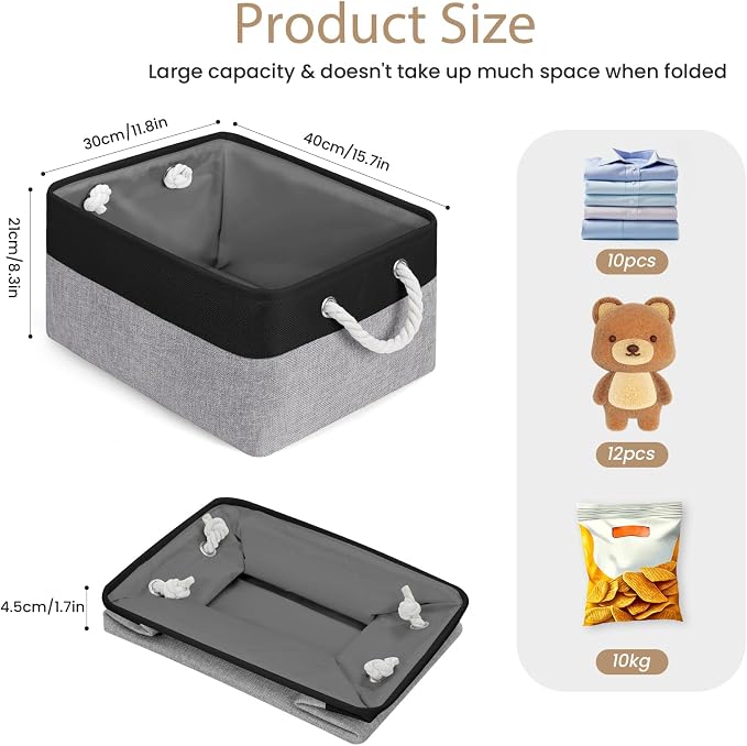 Large Storage Baskets- 15.7x11.8x8.26 inch Storage Bins for Shelves and Closet Organizing, Foldable Fabric Bin for Home Organization Clothes and Laundry (1-Pack, Black&Gray)