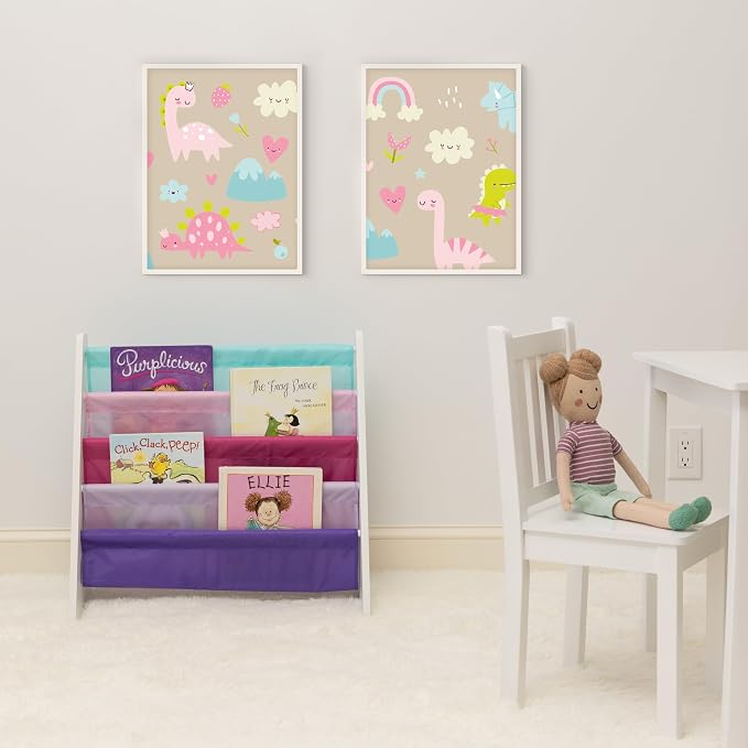 Humble Crew Kids Bookshelf, 4-Tier Front-Facing Book Display Organizer, Montessori Toddler Bookcase for Playroom, Bedroom & Reading Corner, White/Pink/Purple/Blue
