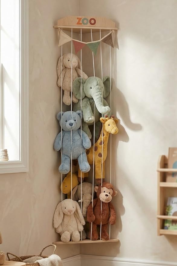 Stuffed Animal Storage Zoo with Decorative Muslin Garland - Cute Wooden Toy Storage Organizer for Kids Playroom or Nursery - Clever and Easy to Assemble Corner Wall Holder Maximizes Small Spaces