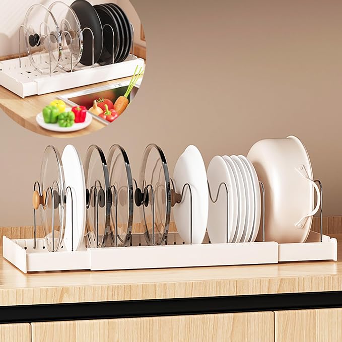 Pots and Pans Organizer Under Cabinet 10 Adjustable Dividers Expandable Pot Pan Lid Holder Organizers Rack inside Cabinet for Kitchen Storage Cookware, Cutting Boards, Lid, Dishes,White