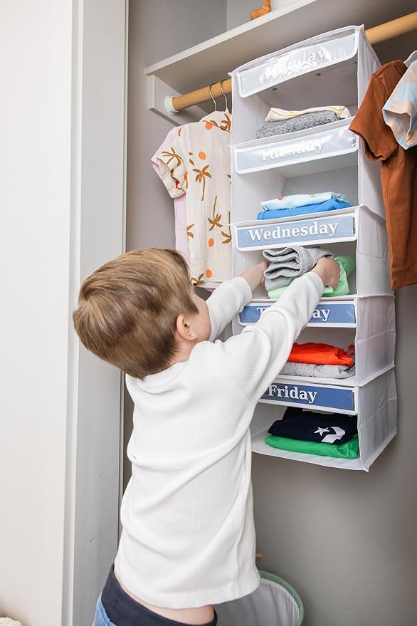 Three Sweet Peas Co Monday through Friday Hanging Weekly Clothes Organizer for Kids