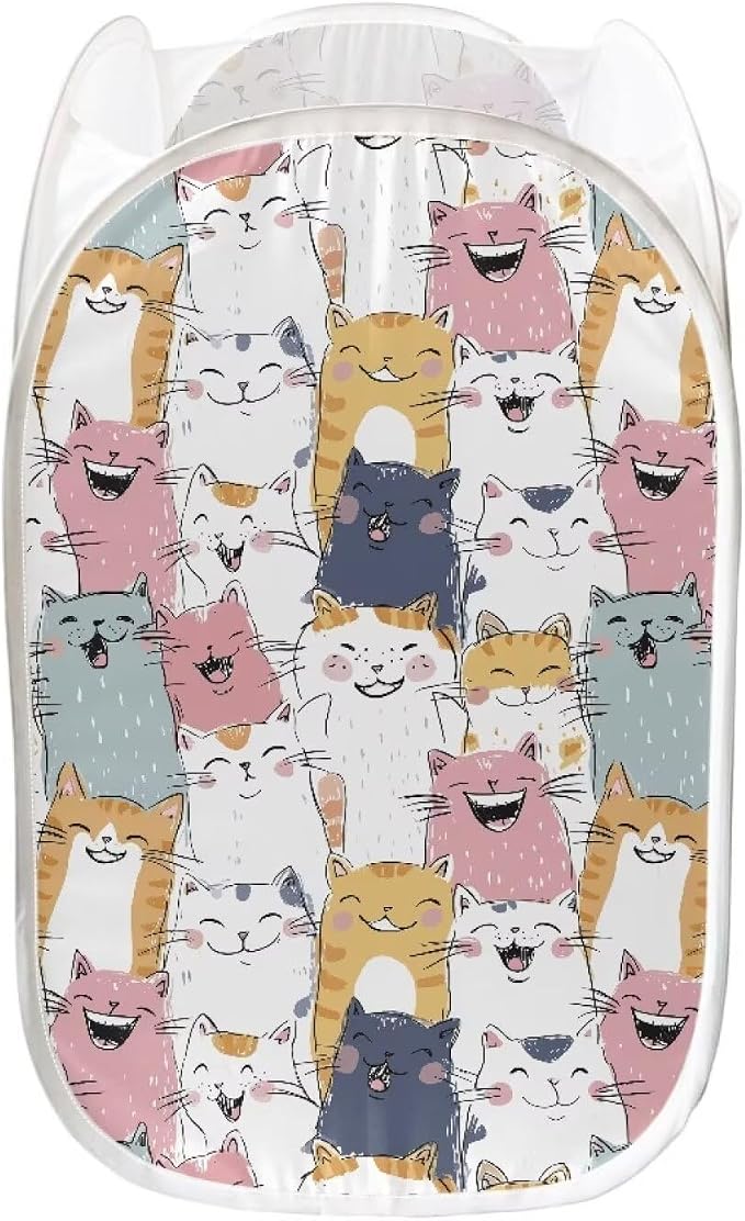 AFPANQZ Mesh Pop Up Laundry Hamper with Side Pocket Collapsible Design for Clothes Cartoon Cat Laundry Toys Nursery Save Place for Home Easy Folding for Travel 61L,13.5x13.5x21 inches