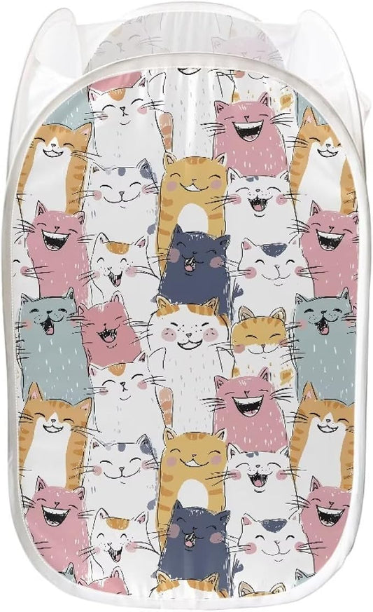 AFPANQZ Mesh Pop Up Laundry Hamper with Side Pocket Collapsible Design for Clothes Cartoon Cat Laundry Toys Nursery Save Place for Home Easy Folding for Travel 61L,13.5x13.5x21 inches
