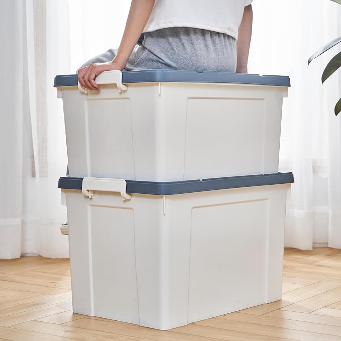 Cetomo Lidded Storage Bin with Handle, Tote Organizing Container with Wheels, Lid and Secure Latching Buckles, Stackable and Nestable, Plastic, 95 Quart-4 Pack, White