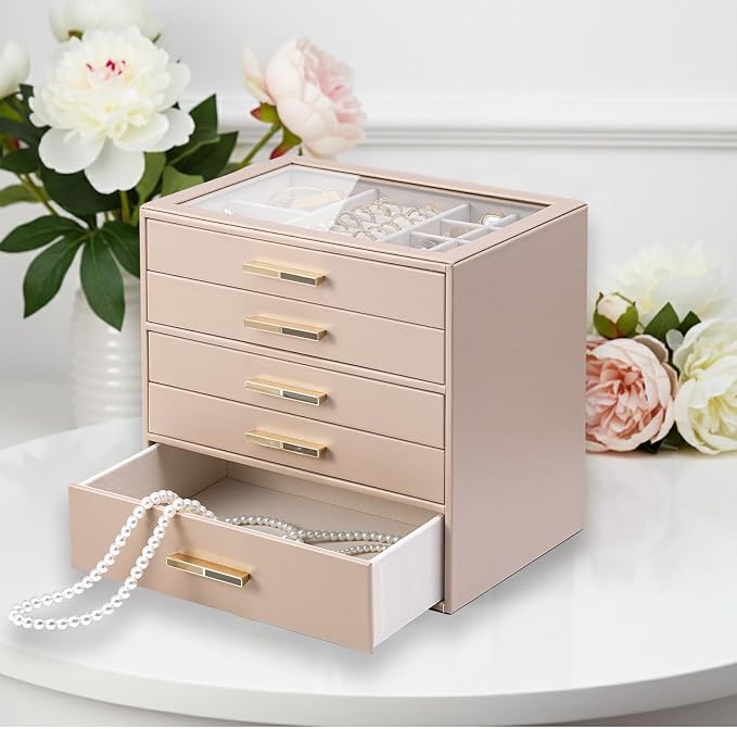 VLANDO 5-Drawer Jewelry Box with Glass Lid, Faux Leather Organizer for Rings Earrings Necklaces and More, Gift-Ready Jewelry Case for Women Girls or Moms, White