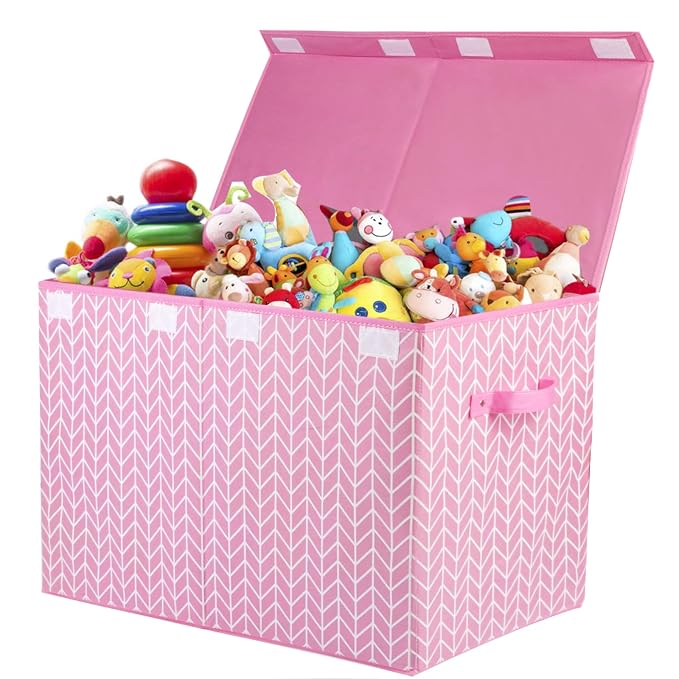 Mayniu Large Toy Storage Box Chest for Girls Kids, Sturdy Toy Box Bin Organizer Baskets with Lid for Living Room, Nursery, Closet, Bedroom, Playroom 25"x13" x16" (Pink)