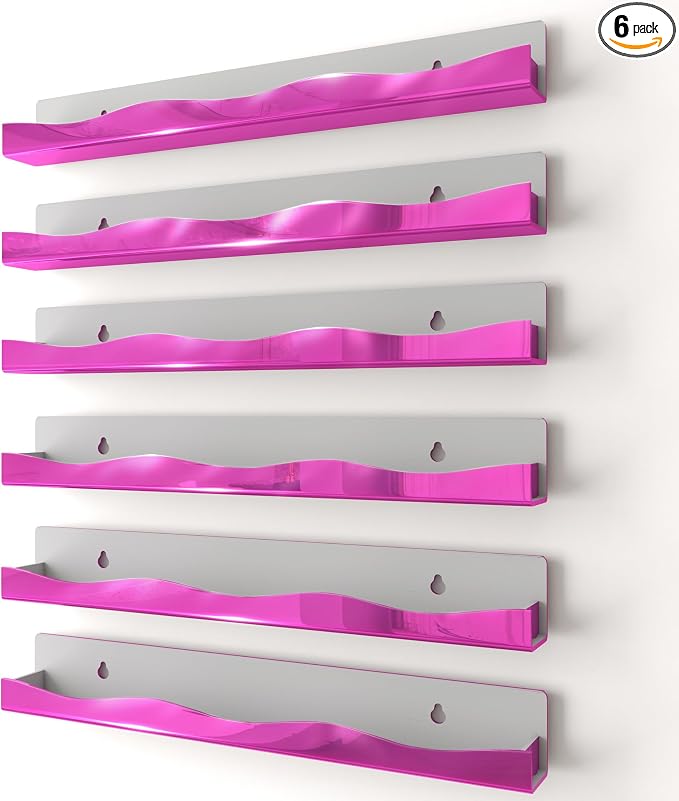 YMVV Wall-Mounted Nail Polish Organizer Rack - 15 Inch Pink Mirror Finish Nail Polish Shelf, Makeup & Beauty Essentials Storage - Multi-Purpose Display Holder for Small Space, Vanity Bathroom, 6 Pack