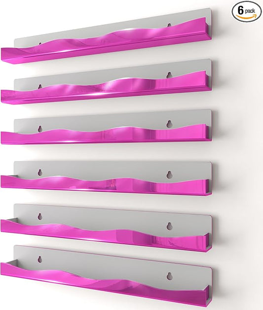 YMVV Wall-Mounted Nail Polish Organizer Rack - 15 Inch Pink Mirror Finish Nail Polish Shelf, Makeup & Beauty Essentials Storage - Multi-Purpose Display Holder for Small Space, Vanity Bathroom, 6 Pack