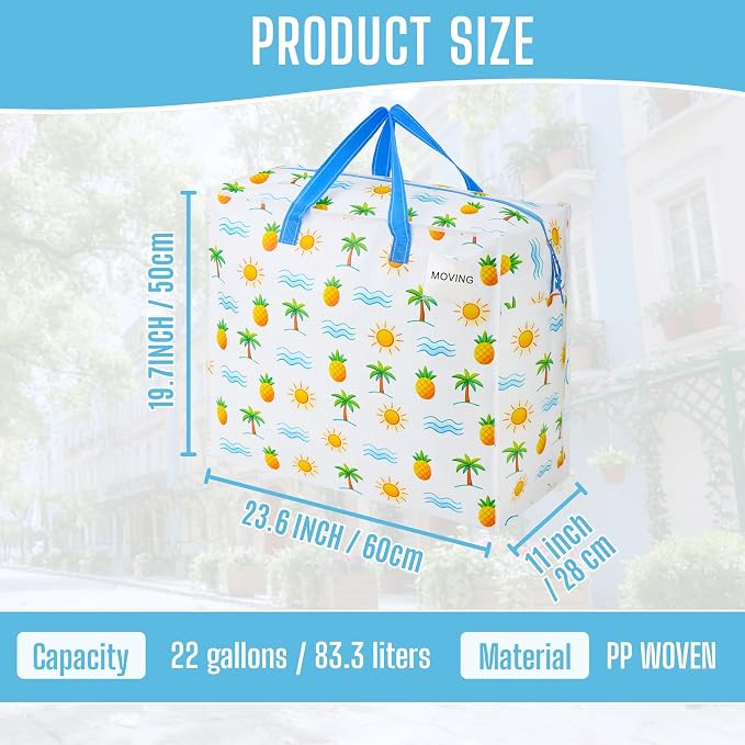 VENO 4 Pack Heavy Duty Moving Bags, Storage Bags, Packing Supplies, Top Zipper, Storage Totes for Camping, Clothes, Bedding, Comforters, Pillows (22 Gallon, Tropical Island, 4 Pack)