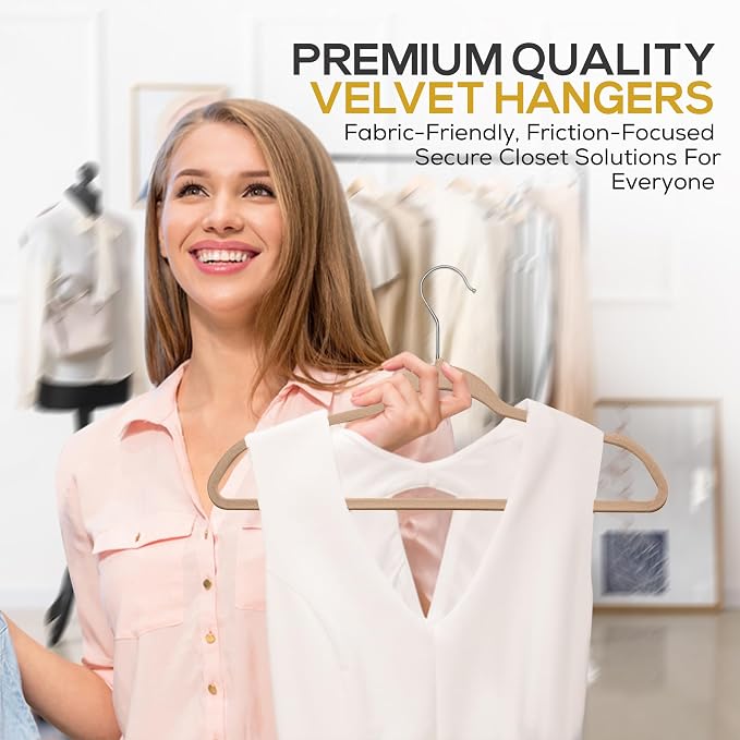 Techzoo 50 Pack New Premium Quality Velvet Hangers Ultra Thin Non Slip Adult Felt Space Saving Hangers for Closet Heavy Duty Coat Pants Dress Hangers 360° Swivel Hook Hold Upto 10 lbs Warm Taupe