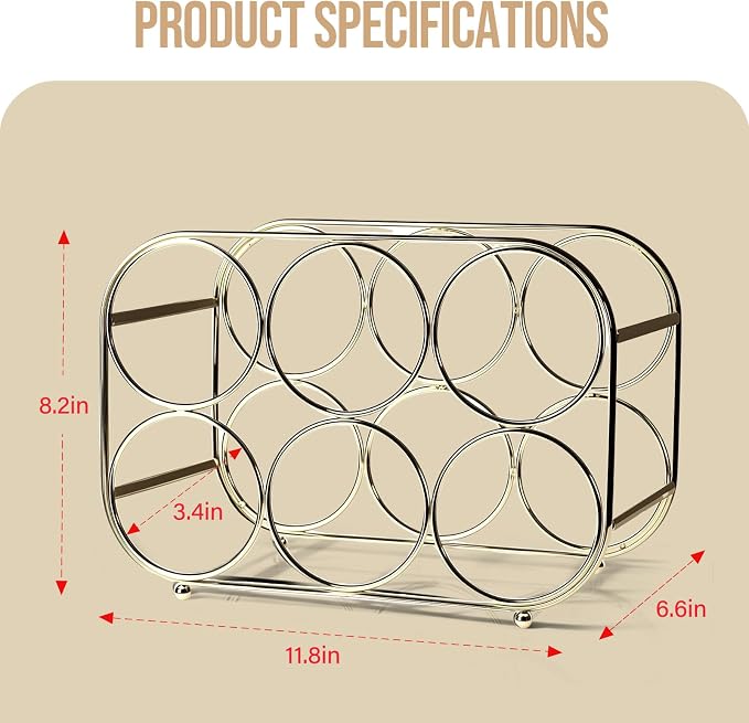 Countertop Wine Rack - 6 Bottle Freestanding Modern Gold Metal Small Wine Rack - Tabletop Wine Holder Stand for Cabinet, Pantry, Wine Bottle Storage