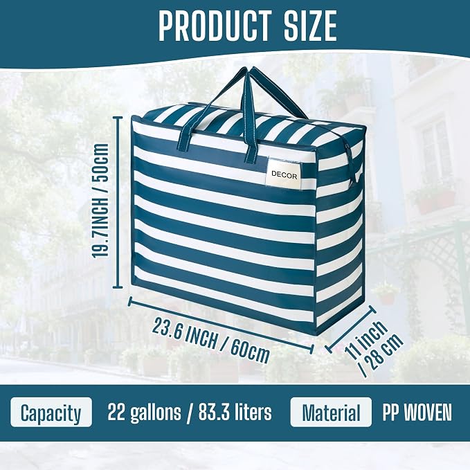 VENO 4 Pack Heavy Duty Moving Bags, Storage Bags, Packing Supplies, Top Zipper, Storage Totes for Camping, Clothes, Bedding, Comforters, Pillows (22 Gallon, Classic Navy Stripe, 4 Pack)