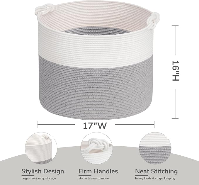 Goodpick 17"x16" Toy Storage for Kids, Home Décor Living Room, Baby Basket for Nursery Playroom, Soft Woven Cotton Rope Baskets for Blankets Pillows Clothes, Grey