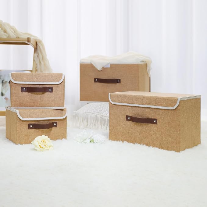 ANMINY 4PCS Storage Bins with Lid PU Leather Handles Storage Boxes PP Plastic Board Decorative Foldable Lidded Cotton Linen Fabric Home Cubes Baskets Closet Organizer Containers - Khaki, Large Size