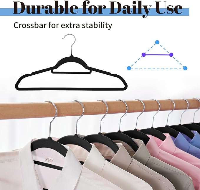 Smartor Black Velvet Hangers 60 Pack, Space Saving Clothes Hangers with Tie Bar, Non-Slip Felt Hanger with Shoulder Notches, Heavy Duty Suit Hanger for Coat, Shirt, Pants, Dress | Non-slip Felt, Shoulder Notches and 360° Hooks Keep Suits, Dresses and P...