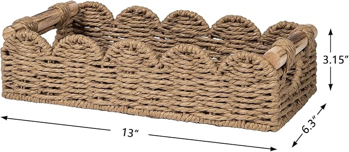 CubesLand Bathroom Basket Organizer w/Cut Out Handle, Back of Toilet Paper Storage Baskets for Bathroom Countertop Decorative, Small Scalloped Wicker Basket Also for Home Decor, Living Room, Neutral