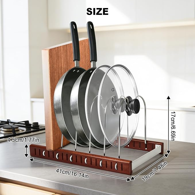 Pot Lid & Pan Organizer, Space-Saving Kitchen Cabinet Organizer W Oak Base & Self-Adaptive Flexible Design for Tray, Baking Sheet, Cutting Board, Cookware, Skillets - Cutting Board Holder Storage