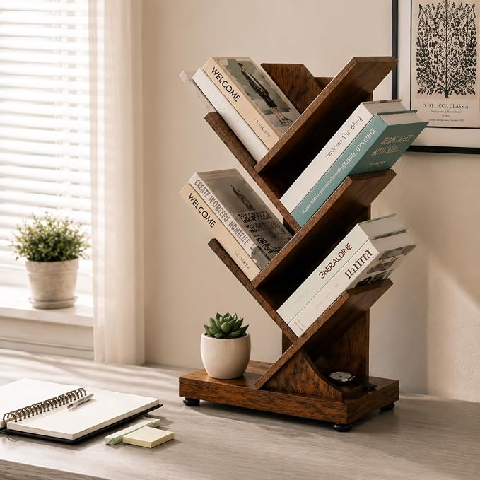 ruboka 5 Tier Tree Bookshelf, Small Bookcase 11.8"*7.4"*24" (Rustic Brown) | Retro Narrow Bookshelves for CDs/Magazines, Book Shelf for Bedroom, Living Room, Office, Balcony, Study Room