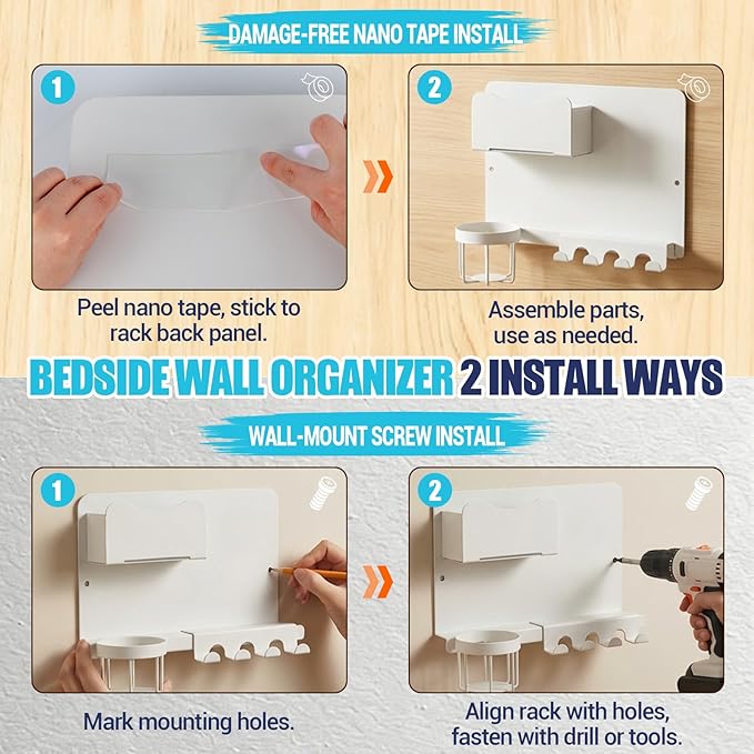 Metal Bedside Wall Shelf, Bedside Floating Shelf Wall Organizer with Detachable Cup Holder, No Drill Wall Mount for Bedroom, Dorm Room Decor, Nightstand Alternative, Bunk Bed Accessories, RV Storage