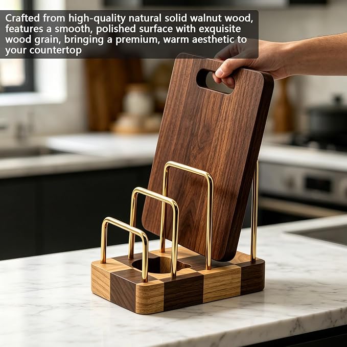 Chopping Board Rack with Rubberwood Base – 3 Slot Wood Cutting Board Holder Pot Lid Stand, Baking Trays Pans Plates Cabinet Storage Divider Accessory for Home Countertop Kitchen Storage & Organizer