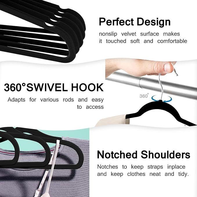 Velvet Clothes Hangers (50 Pack) Heavy Duty Durable Suit Hanger Vibrant Color Hangers Lightweight Space Saving Coat Hangers for Closet -Black-Silver