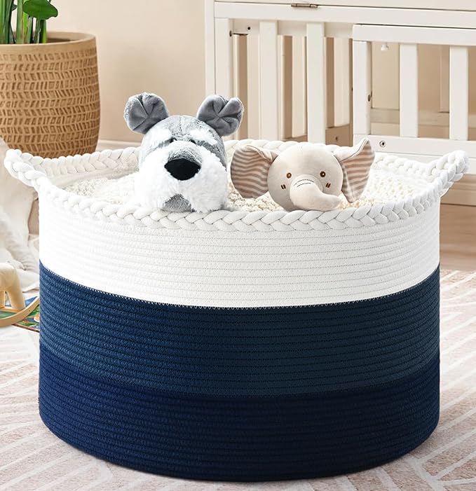 67L Large Woven Blanket Basket, Cotton Rope Baby Laundry Hamper with Handles, Kids Toy Basket for Classroom & Nursery, Soft Round Stuffed Animal Storage, Dog Toy Bin - 20"x13", Dark Blue
