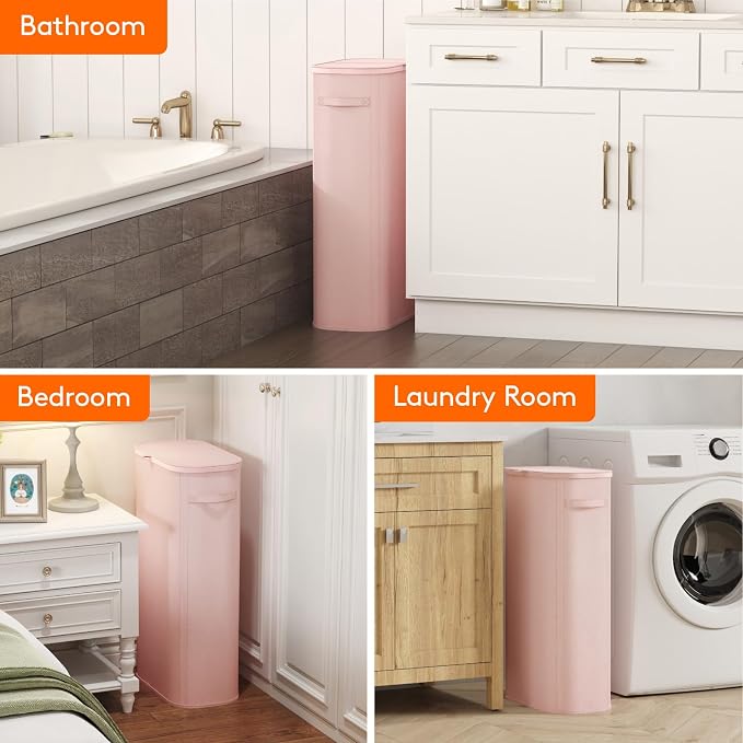 Lifewit Slim Laundry Basket with Lid, Narrow Large Laundry Hamper with Plastic Handles and Removable Bag, Tall Foldable Dirty Clothes Hampers for Laundry Room, Bedroom, Bathroom, Dorm, 75L Pink