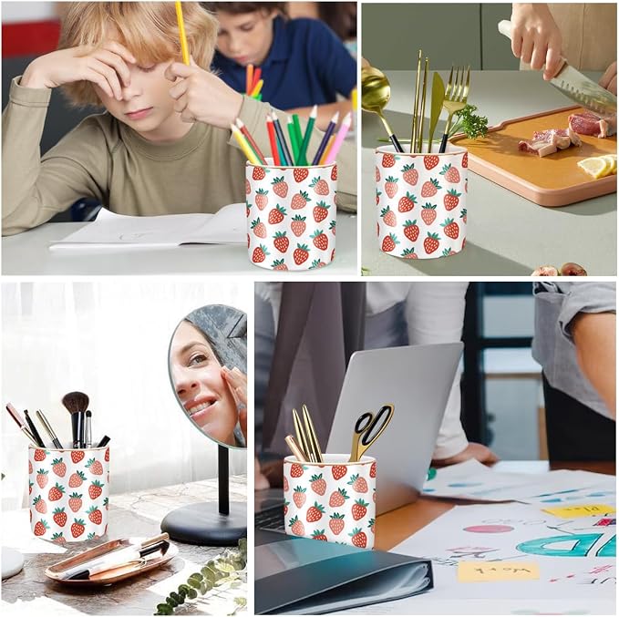 Pencil Holder for Desk, Ceramic Pencil Pens Cup Cute Makeup Brush Holder, Unique Desk Multifunctional Pen Organizer for Home, Office, Strawberries Pattern