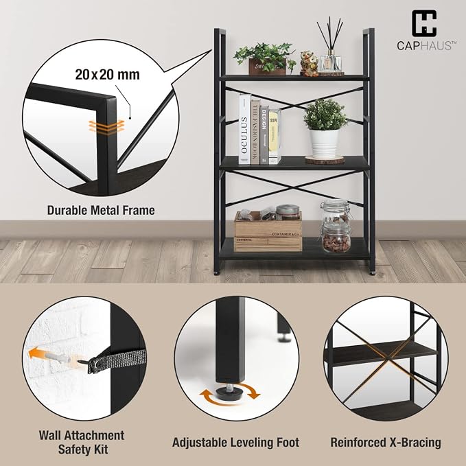 CAPHAUS 2 Tier Small Bookshelf, 24 Inch Width Free Standing Shelf, Bookcase Shelf Storage Organizer, Industrial Book Shelves for Home Office, Living Room, Black Shelves & Metal Frame