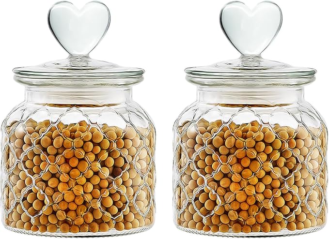 22 oz Clear Glass Canister with Cute Heart shaped Lids Set, Food Storage Glass Jars with Airtight Lids for Kitchen and Dining Room, Grid/Set of 2
