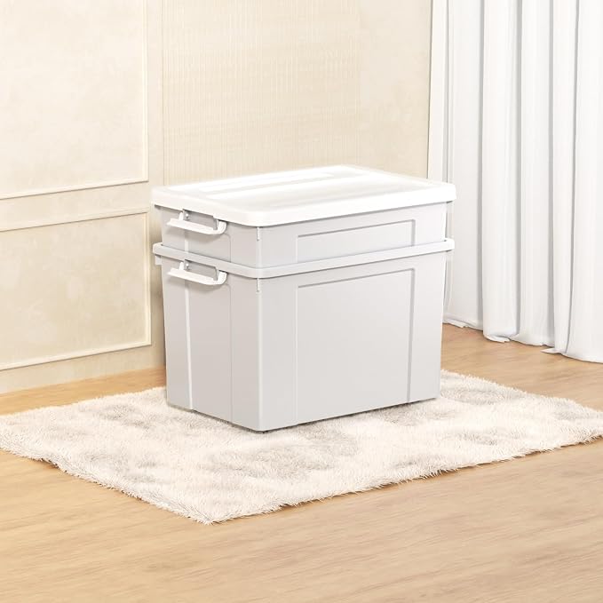 Cetomo Lidded Storage Bin with Handle, Tote Organizing Container with Wheels, Lid and Secure Latching Buckles, Stackable and Nestable, Plastic, 95 Quart-4 Pack, Gray