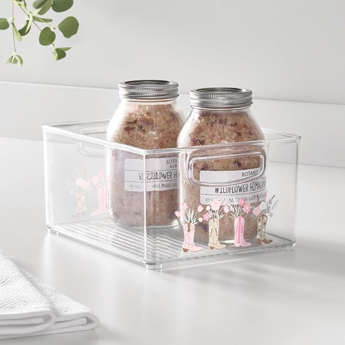 iDesign Bathroom Organizer Bin with Decorative Print - Stackable Plastic Storage Basket for Makeup & Vanity Organization - Clear