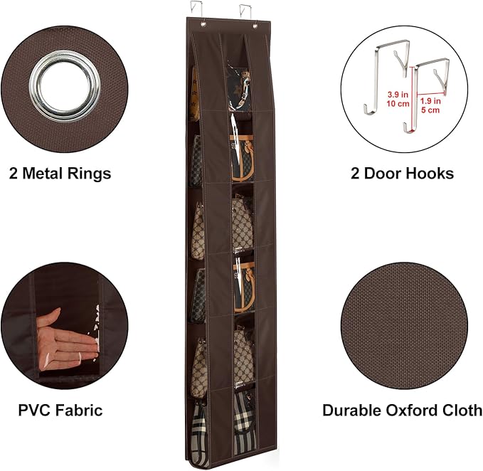 Lirex Over the Door Organizer, 2 Pack Handbag Storage with 6-Tier Space-Saving for Door or Closet, Handbag Hanger, Dark Brown
