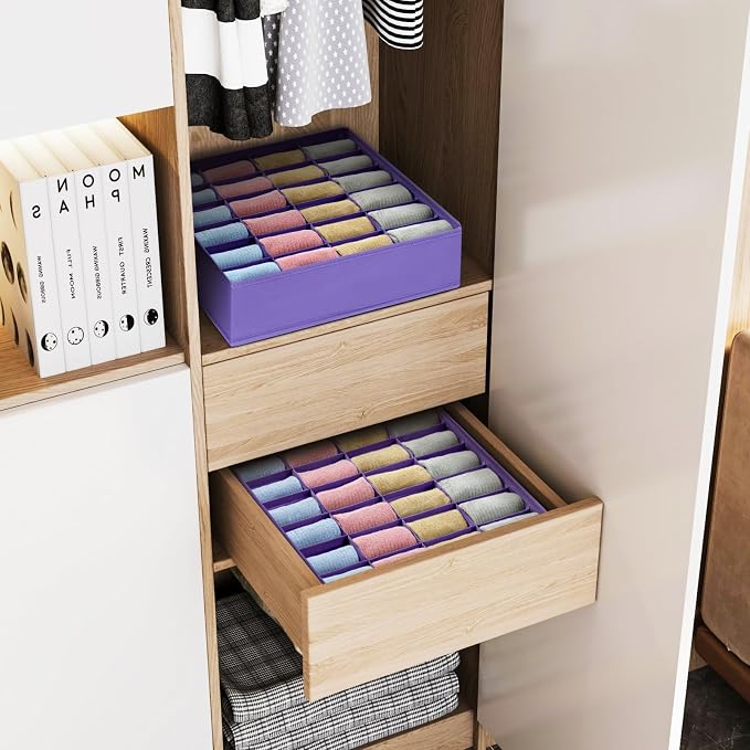 joyoldelf Sock Drawer Organizer Divider 4 Packs Underwear Organizer, 24 Cell Closet Organizers and Storage Organizer Sock Holders Organizers for Storing Socks, Handkerchiefs, Ties, Belts (Purple)