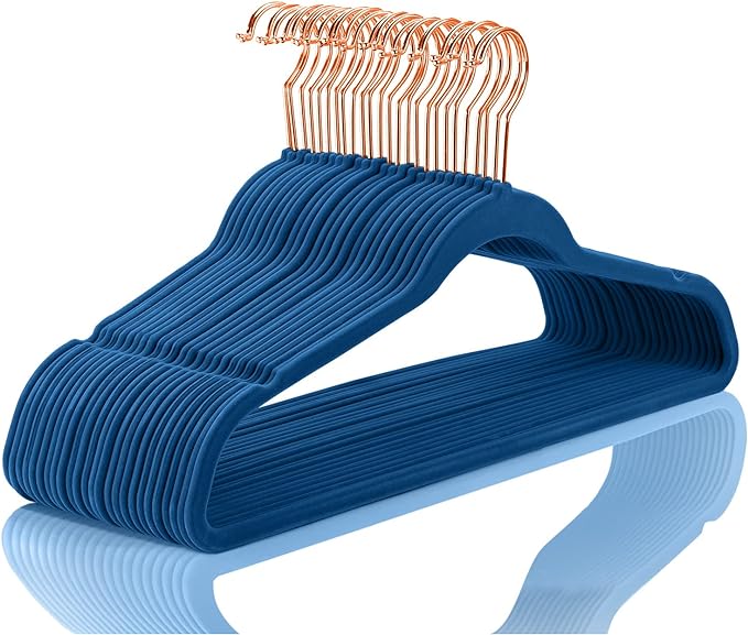 MIZGI Premium Velvet Hangers (50 Pack) Heavy Duty - Non Slip Felt Hangers - Velvet Suit Hangers Mediterranean Blue - Rose Gold Hooks,Space Saving Clothes Hangers