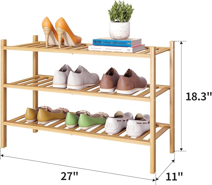 Bamboo Shoe Rack Stackable Shoe Shelf Storage Organizer for Unit Entryway Hallway and Closet Sturdy Freestanding Shoe Shelf(3 Tier Natural)