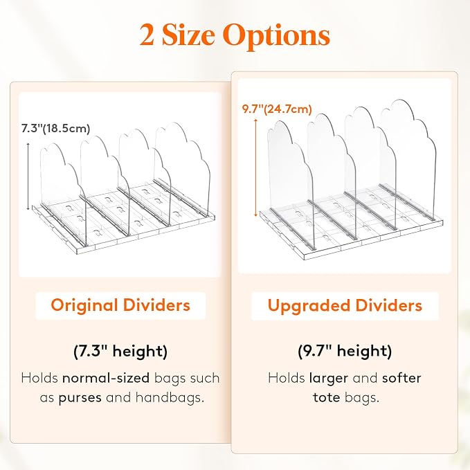 Lifewit Purse Organizer for Closet, 9.7" Tall Clear Handbags Storage Organizer, Adjustable Clutch Organizer Holder for Closet, 2 Pack Bookshelf Dividers for Sweater in Bedroom 35 x 24cm/14 × 9.5"
