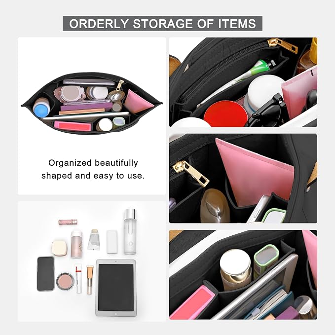 LOUKAYCCI Purse Organizer Insert for Longchamp Le Pliage S Handbag Insert Felt Long Champ Tote Bag Organizer Insert with Cup (Black, Small)
