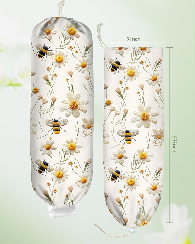 Plastic Bag Holder Organizer - 1 Pack Reusable Canvas Grocery Bags Holder Hanging Wall Cute Aesthetic Shopping Bag Storage Dispenser with Drawstring Closure for Kitchen Home, Flower Bee