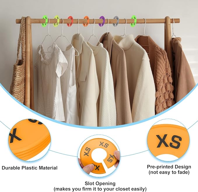 PATIKIL Clothes Dividers for Hanging Clothes, 40 Pack 8 Sizes Round Pre-written Clothing Rack Dividers Size Mark Label Sorting Separator for Closet, Orange