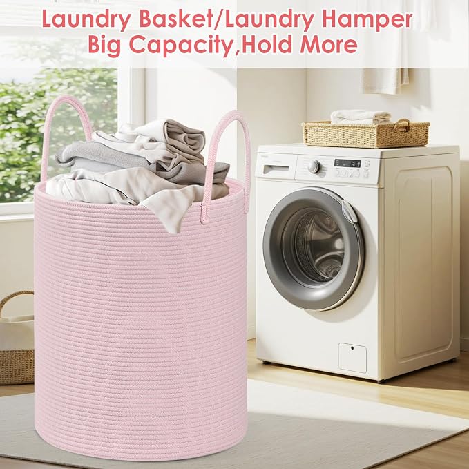 Large Woven Laundry Basket Hamper,100L Cotton Rope Storage Bin for Blankets,Toys and Clothes,Decorative Tall Nursery Hamper for Living Room,Baby Nursery,Bathroom and Bedroom,(Pink, XX Large)