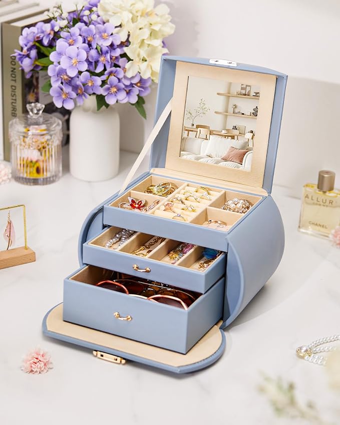 Homde Girls Jewelry Box Jewelry Storage Case Organizer Faux Leather with Mirror for Rings, Earrings, Bracelets, Necklaces (Grey Blue) - Gifts for Mother's Day
