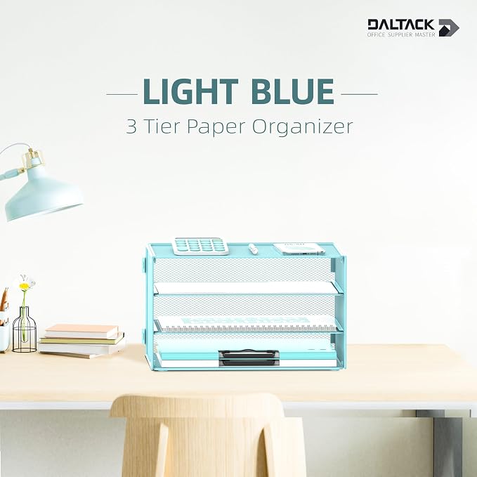 DALTACK 3 Tier Letter Tray Paper Organizer for Desk, Mesh Metal Desk File Organizer with Sliding Trays for Letter/A4 Paper, Mail, Bills & Folders, Blue