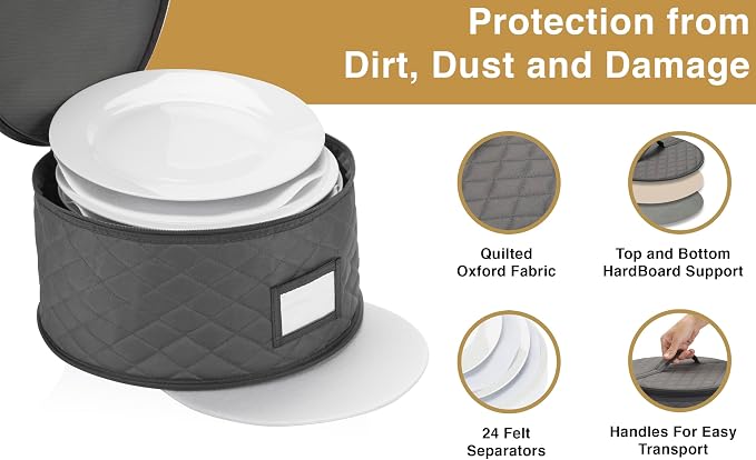 2 Pack China Storage Containers for Dinner Plates - 12" W x 7" H - Includes 24 Felt Dividers - Stackable Case with Padded Interior and Handle