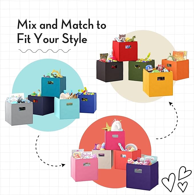 RiverRidge Folding Storage Bins - 2-pack of 10in Tall Red Cubes | Fabric Bins, Set of 2 Storage Cubes, Cut-out Handles, Playroom Closet Organizer, Collapsible Cubby with Bottom Board Insert