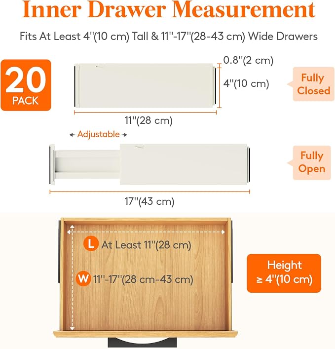 Lifewit 20 Pack Drawer Dividers 4" High 28-43.5cm/11-17" Adjustable Drawer Organizer for Clothes/Utensils, Expandable Drawer Separator in Dresser/Kitchen/Bedroom/Office Organization & Storage Beige