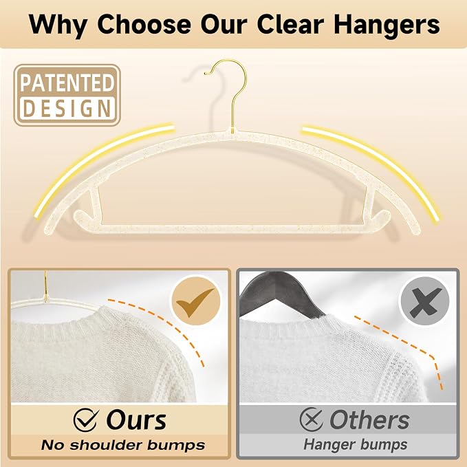 MIZGI Premium Clear Hangers with Gold Glitter (50-Pack) - Heavy-Duty Acrylic Suit Hangers with Gold Hooks - No Shoulder Bump Space Saving Clothes Hangers for Jackets, Coats, Dresses