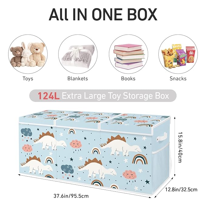 Extra Large Collapsible Toy Box with Lids, Sturdy Storage Organizer for Kids, 38"x16"x13" Toy Chest for Playroom, Nursery, Bedroom, Living Room (Dinosaurs)