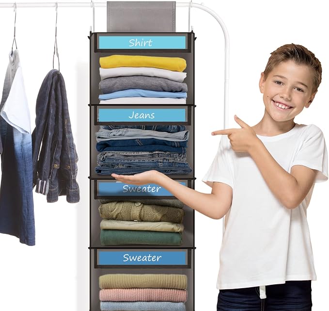 Fixwal Weekly Kids Clothes Organizer 6-Shelf Hanging Closet Storage Grey