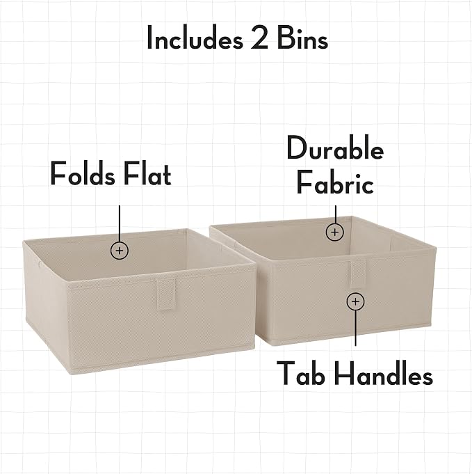 RiverRidge Kids 2pc Folding Storage Bins Set - 10.5” Bin Organizers with Handles - Taupe Closet Organizers & Storage for Toys, Games, Shoes - Foldable Cube Storage Organizer Bins for Playroom, Nursery